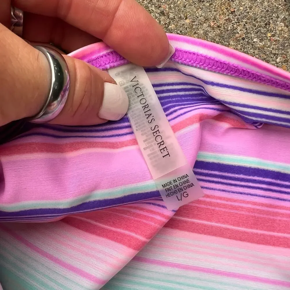 Victoria's Secret High Rise Foldover Bikini Tankini Purple Fuchsia Blue Stripe L